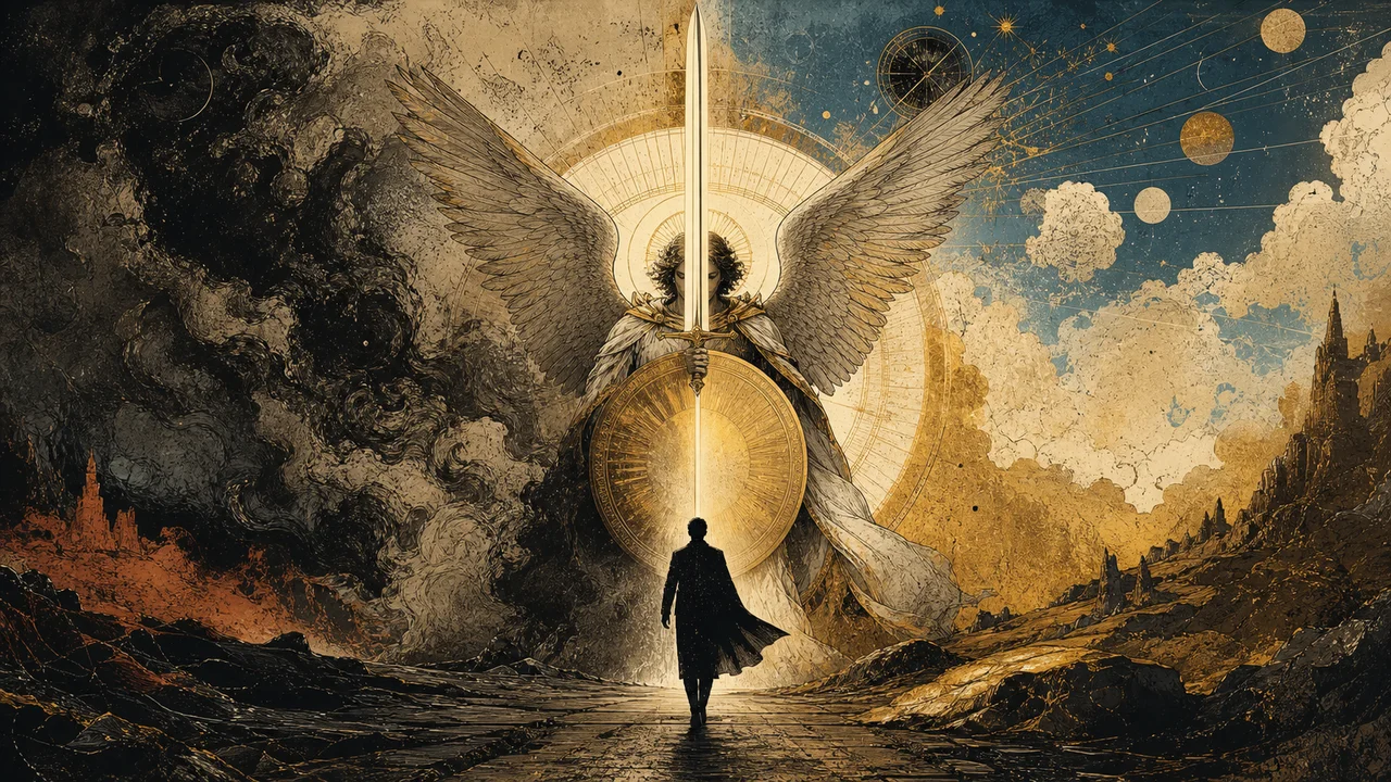 Arcángel Miguel con espada de luz azul frente a una esfera de protección