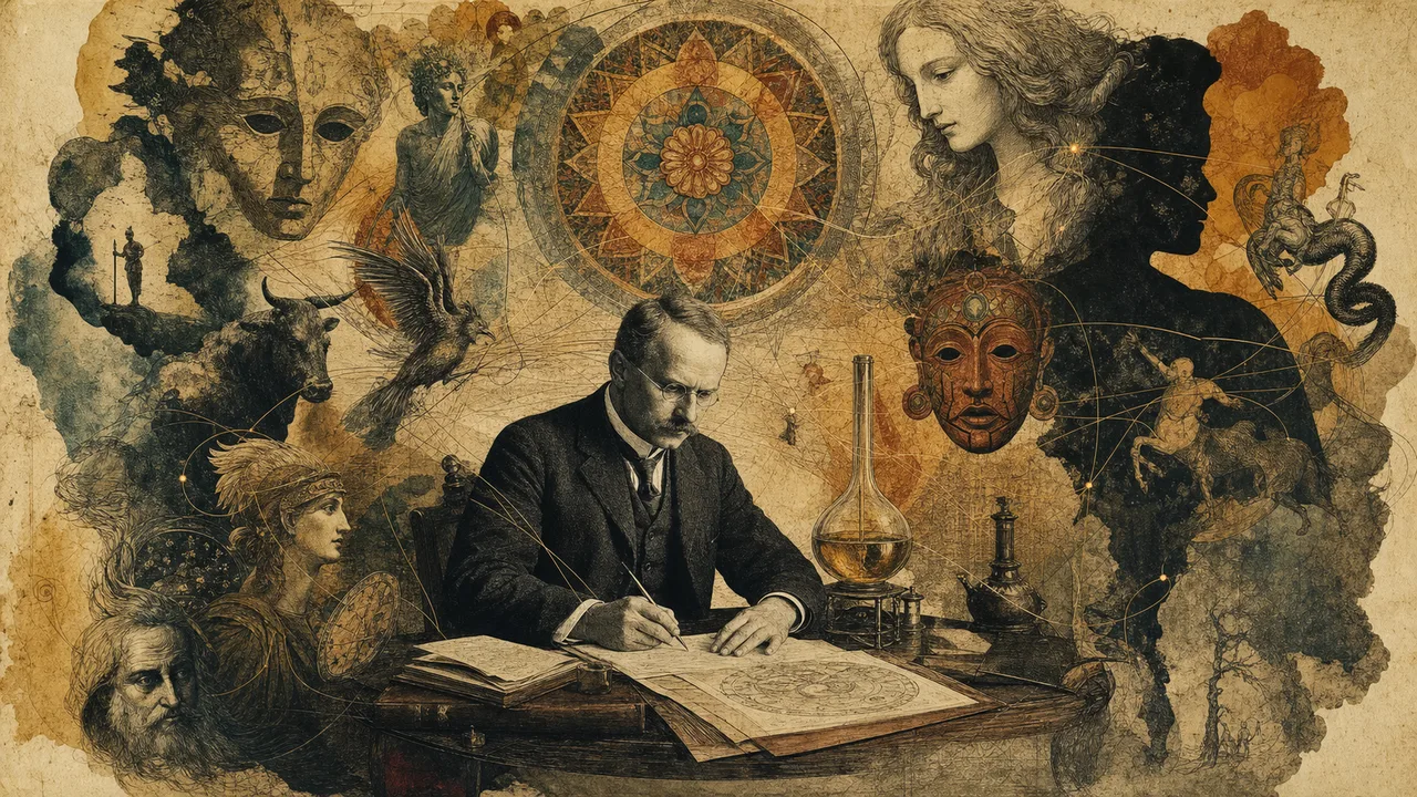 Carl Jung observando sueños, mitos y mandalas conectados por la psique