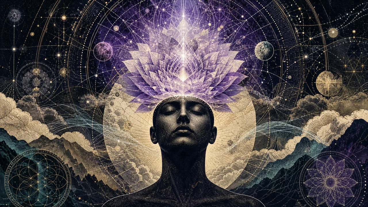 Persona meditando con un loto violeta luminoso encima de la cabeza que representa el chakra de la corona