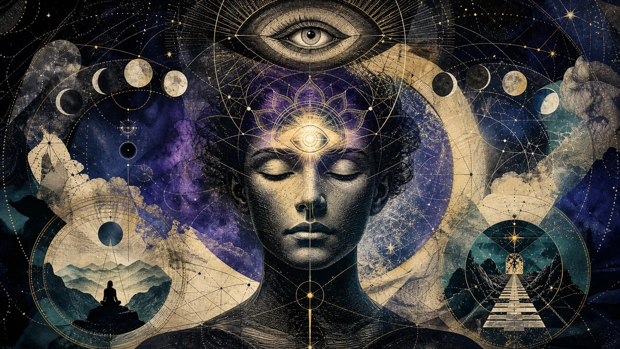 Persona meditando en atmósfera índigo con luz en el chakra frontal entre las cejas