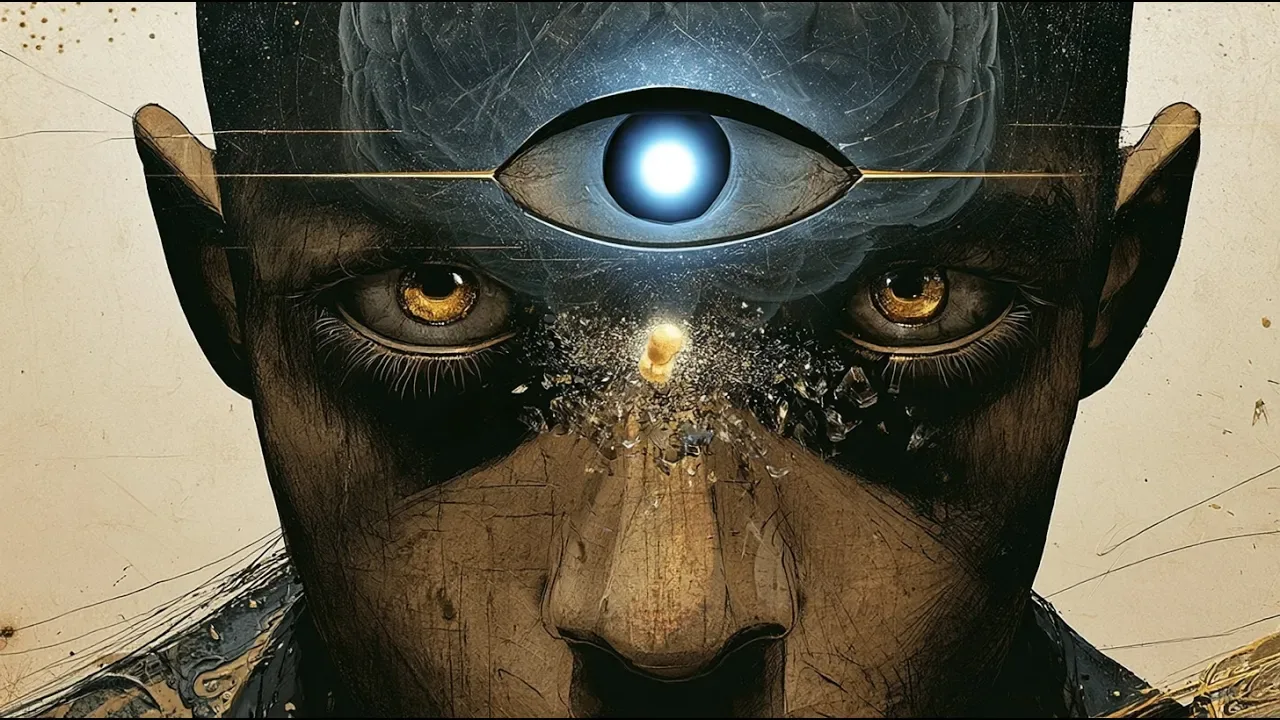 Rostro con tercer ojo luminoso y cristales en la región de la glándula pineal.