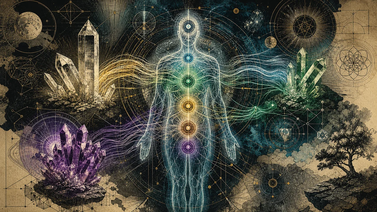 Cristales que irradian energía al cuerpo etérico con chakras y canales sutiles en una composición simbólica de terapia con cristales
