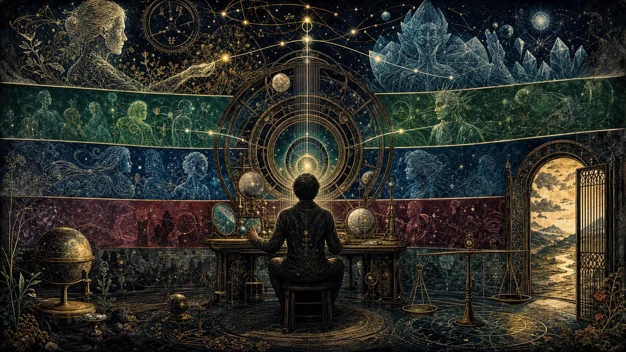 Persona meditando frente a conciencias sutiles conectadas por líneas luminosas de sintonía vibratoria.