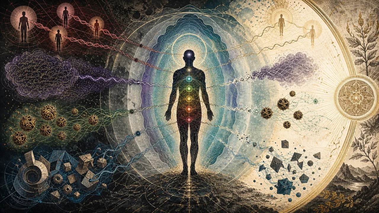 Persona con campo energético luminoso mientras las formas densas pierden sintonía vibratoria alrededor del aura