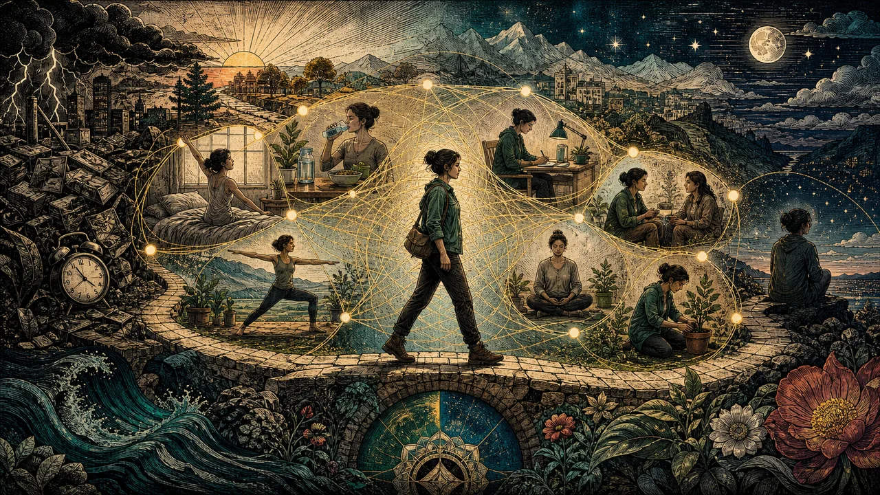 Persona caminando con campo de luz mientras los hábitos diarios sostienen la frecuencia vibracional