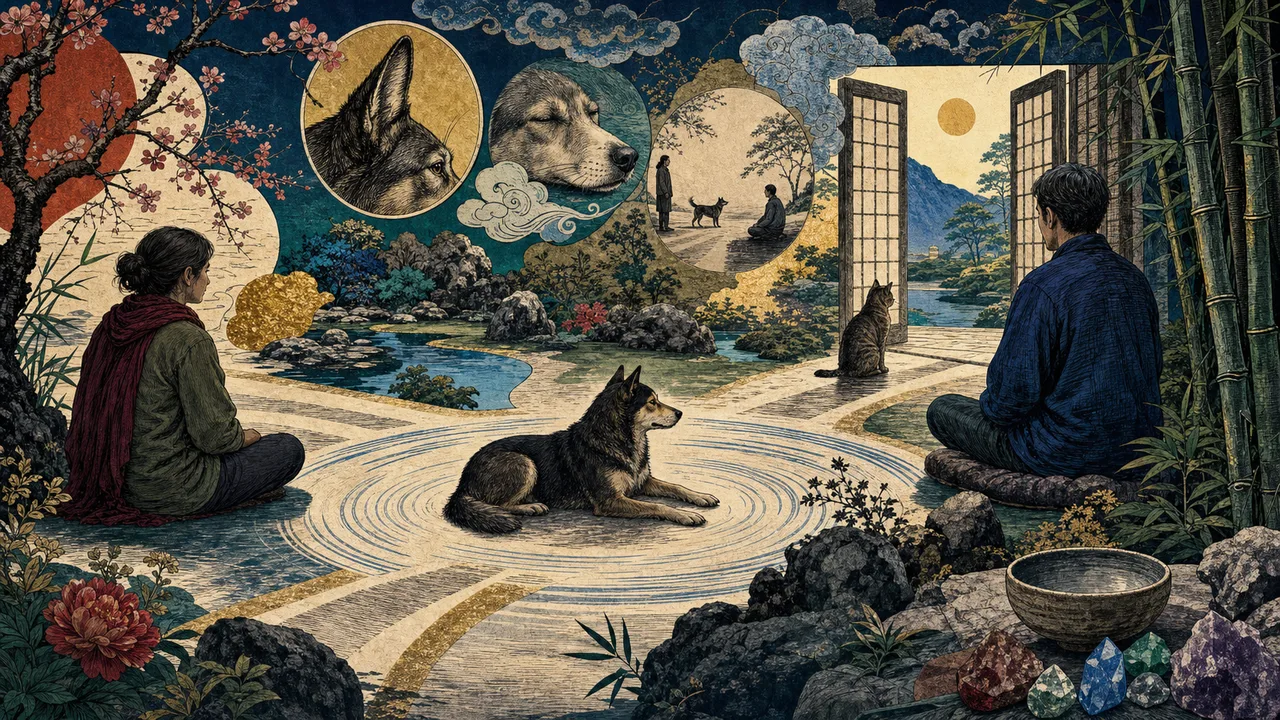 Aplicación de Reiki para perros y gatos relajados con luz suave en un ambiente tranquilo.