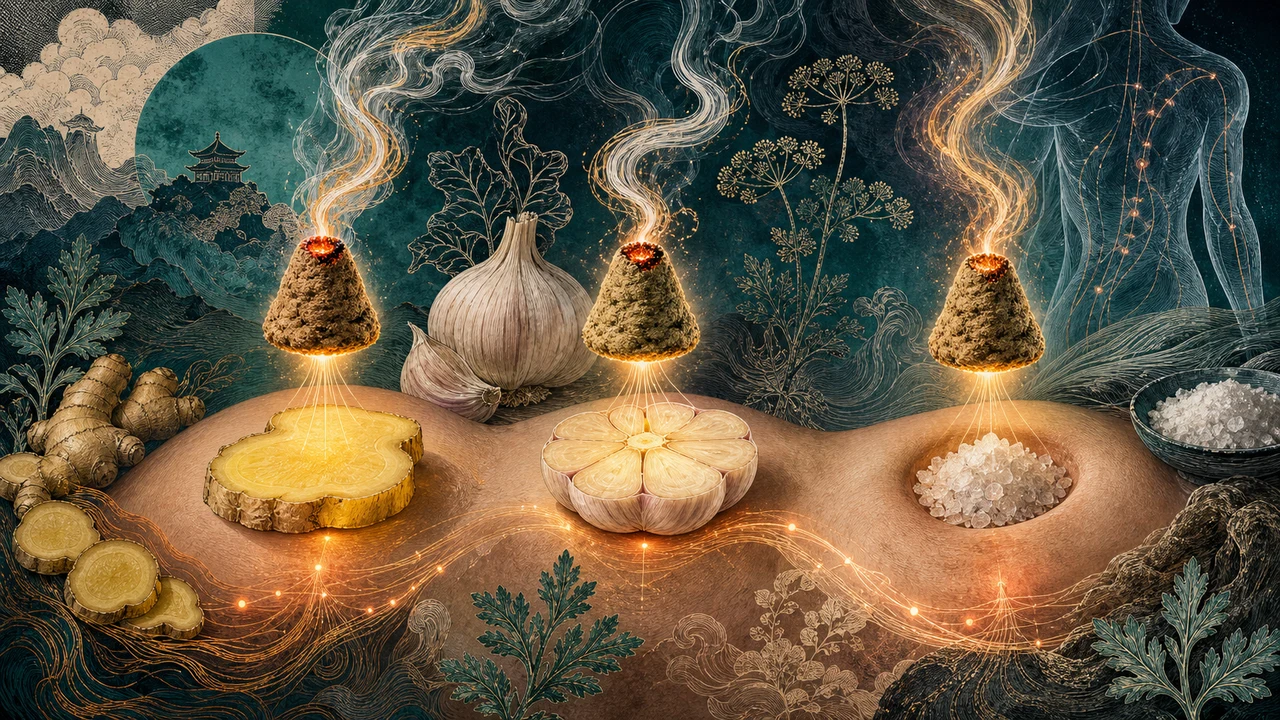 Composición surrealista con moxa aplicada sobre jengibre, ajo y sal.