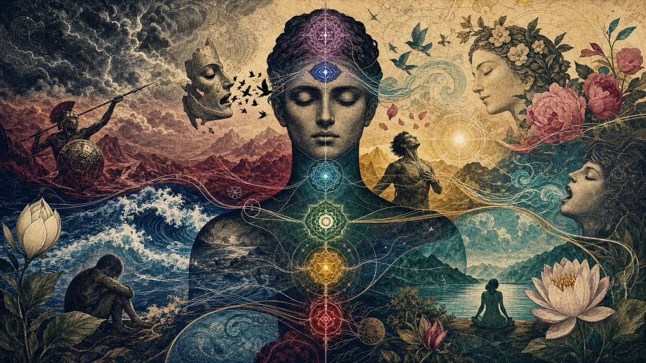 Persona meditando con chakras luminosos y ondas de colores que representan emociones en equilibrio.
