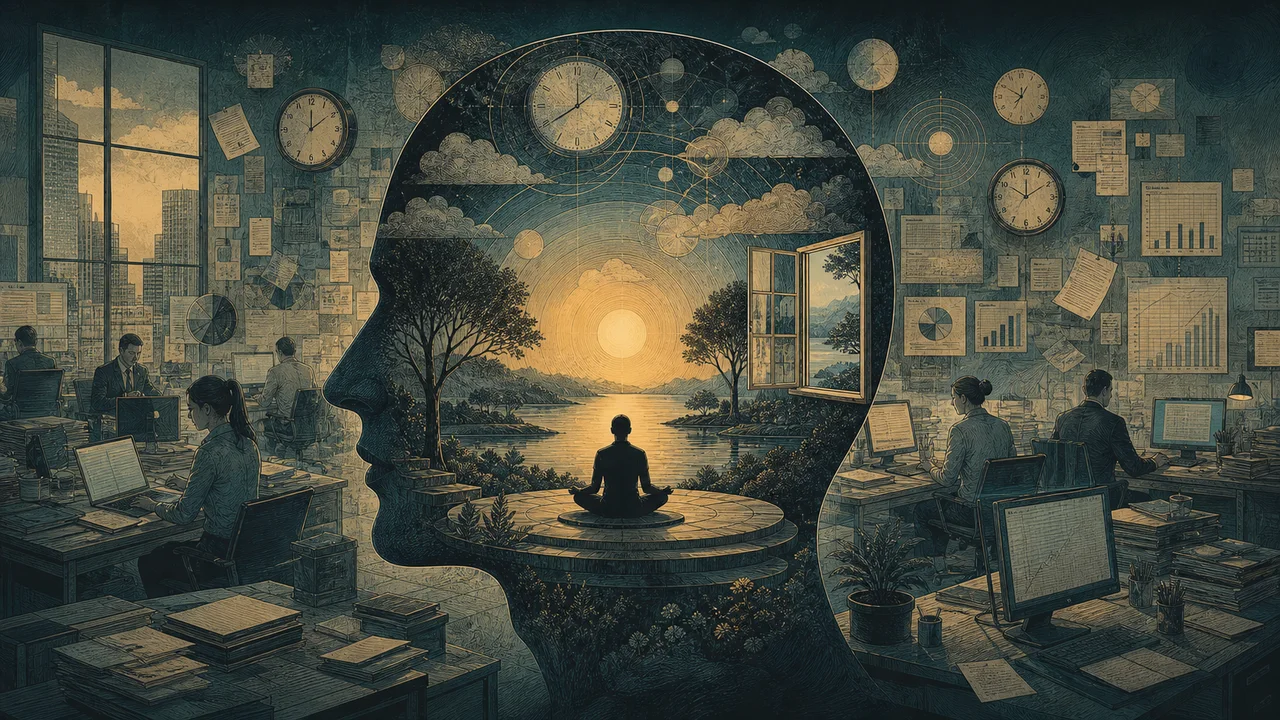 Persona que practica mindfulness en el trabajo tomando un descanso consciente frente a tareas y mensajes suaves en segundo plano