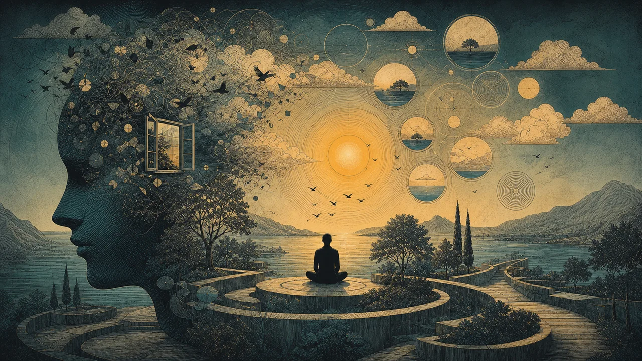 Persona que practica atención plena con pensamientos moviéndose, lo que representa una mente acelerada que se observa con presencia.