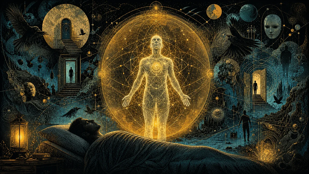 Cuerpo astral luminoso protegido por un campo de luz durante una serena proyección astral