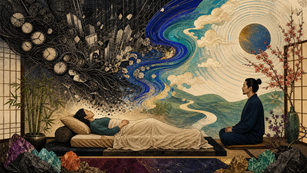 Persona que recibe Reiki en un ambiente tranquilo con una luz suave en la cabeza y el pecho para relajarse y reducir el estrés.