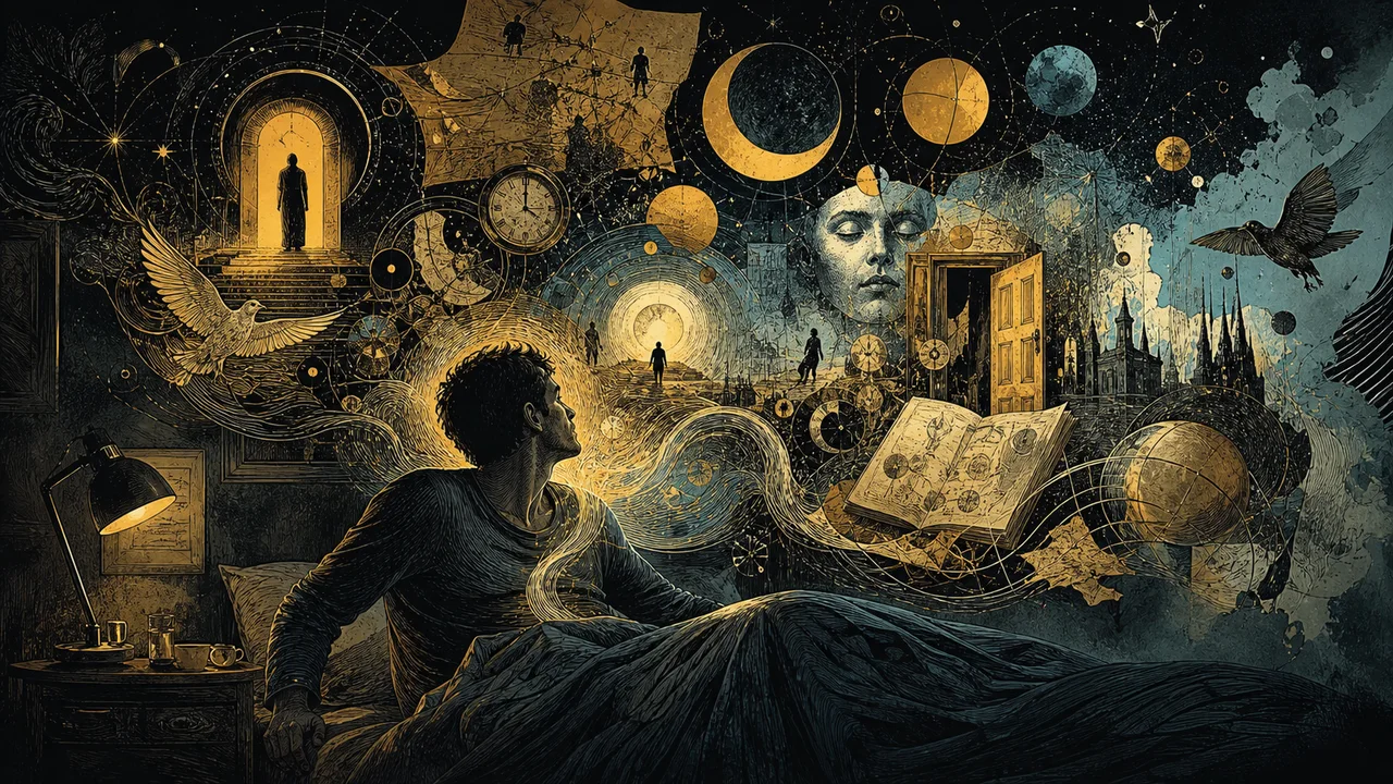 Persona despertando con sutiles recuerdos de proyección astral volviendo a la memoria junto a un diario