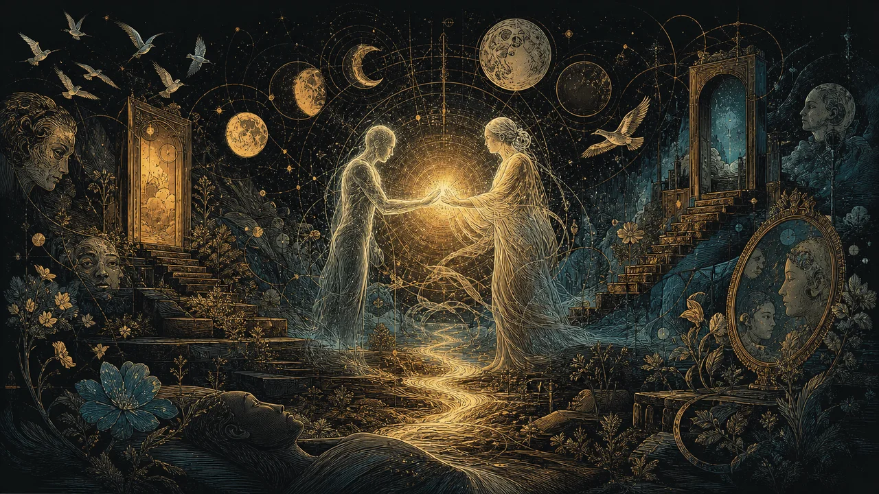 Serena reunión entre dos conciencias luminosas en un jardín astral durante una proyección astral