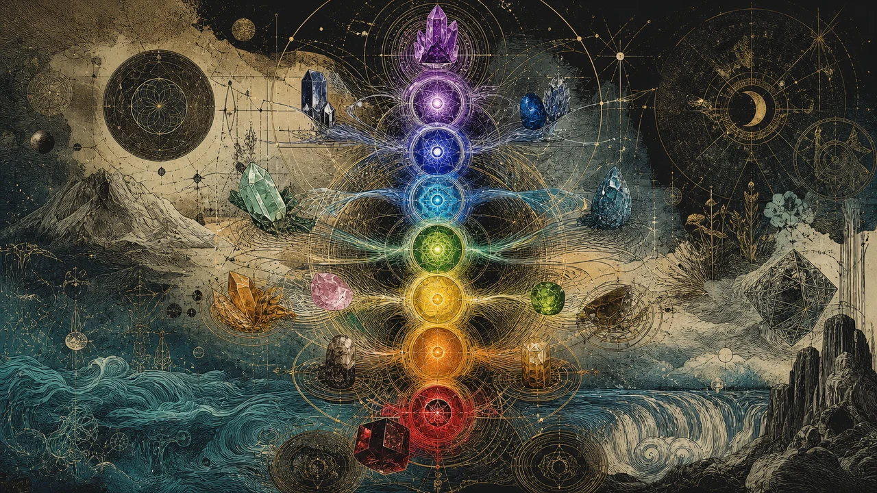 Cristales que irradian energía a siete chakras en una composición simbólica de equilibrio energético y terapia con cristales.
