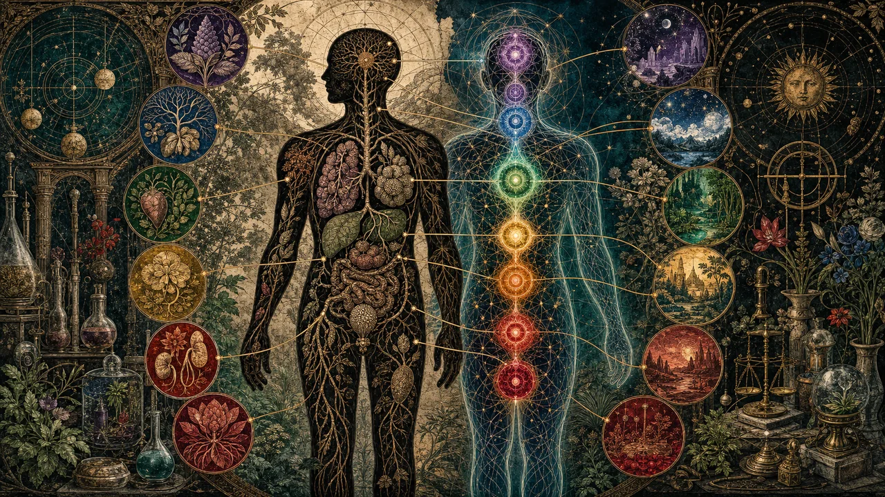 Cuerpo sutil con chakras luminosos superpuestos a órganos, glándulas y redes nerviosas.