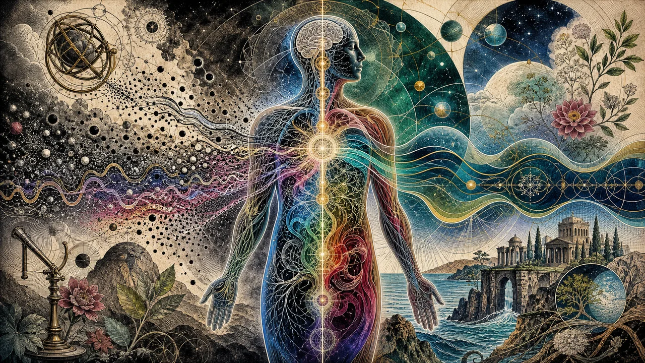 Figura humana rodeada de ondas, partículas y campos de energía que representan la visión cuántica de la terapia vibracional.