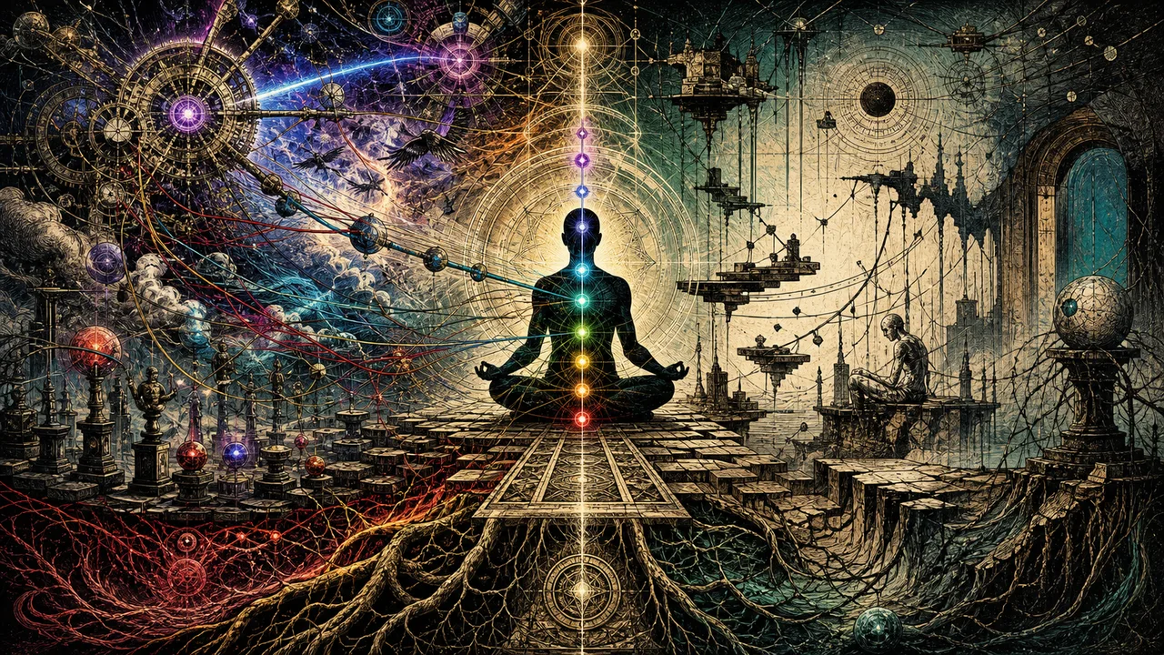 Persona meditando con chakras alineados entre signos de desorganización y equilibrio energético