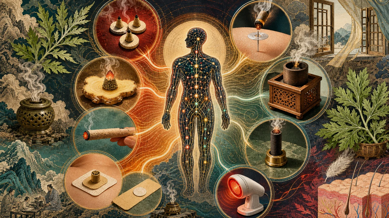 Composición surrealista que presenta los principales tipos de moxoterapia.