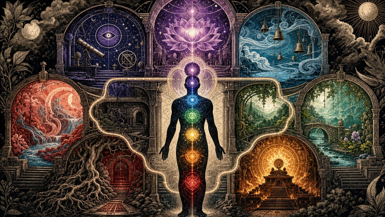 Persona meditando con los siete chakras principales alineados a lo largo del cuerpo energético.