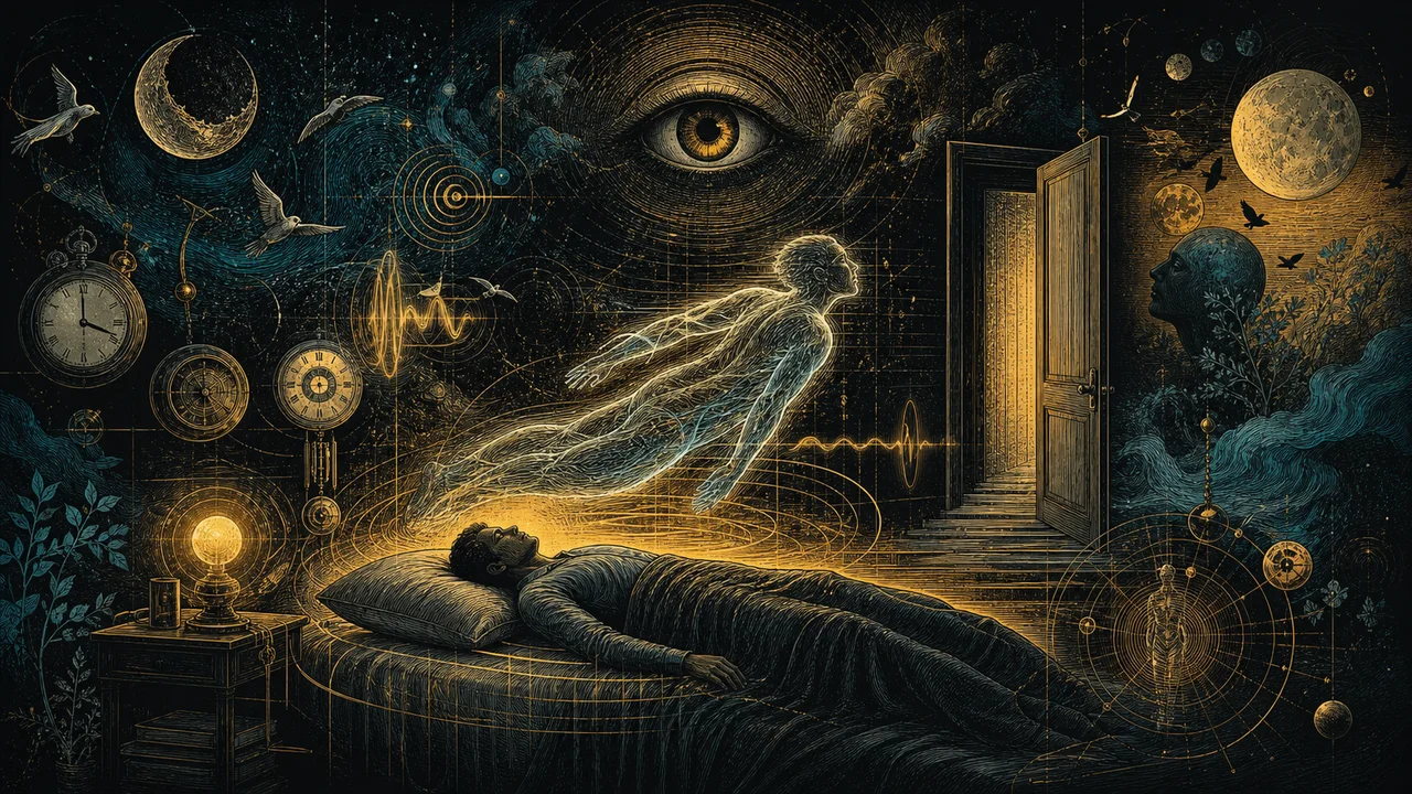 Cuerpo astral luminoso que comienza a flotar sobre el cuerpo físico durante los signos iniciales de proyección astral.