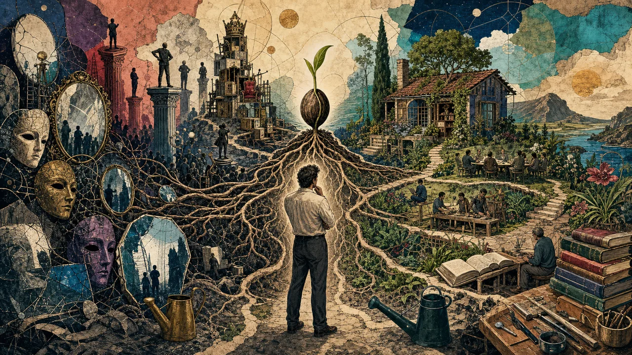 Persona que se enfrenta a dos caminos internos que representan los deseos del ego y los deseos de lo divino.