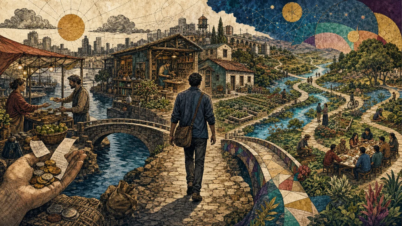 Persona observando caminos que representan dinero, riqueza y abundancia como diferentes opciones
