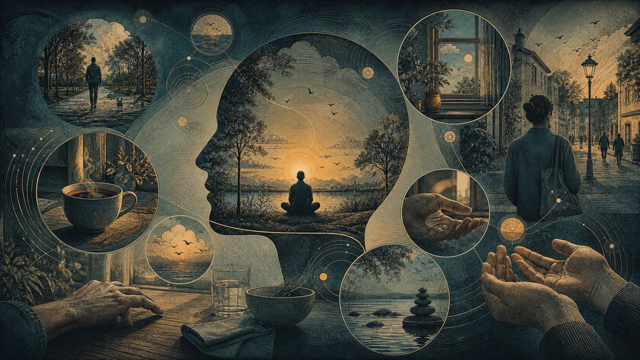 Persona que practica mindfulness en actividades cotidianas como respirar, caminar, comer y escuchar atentamente.