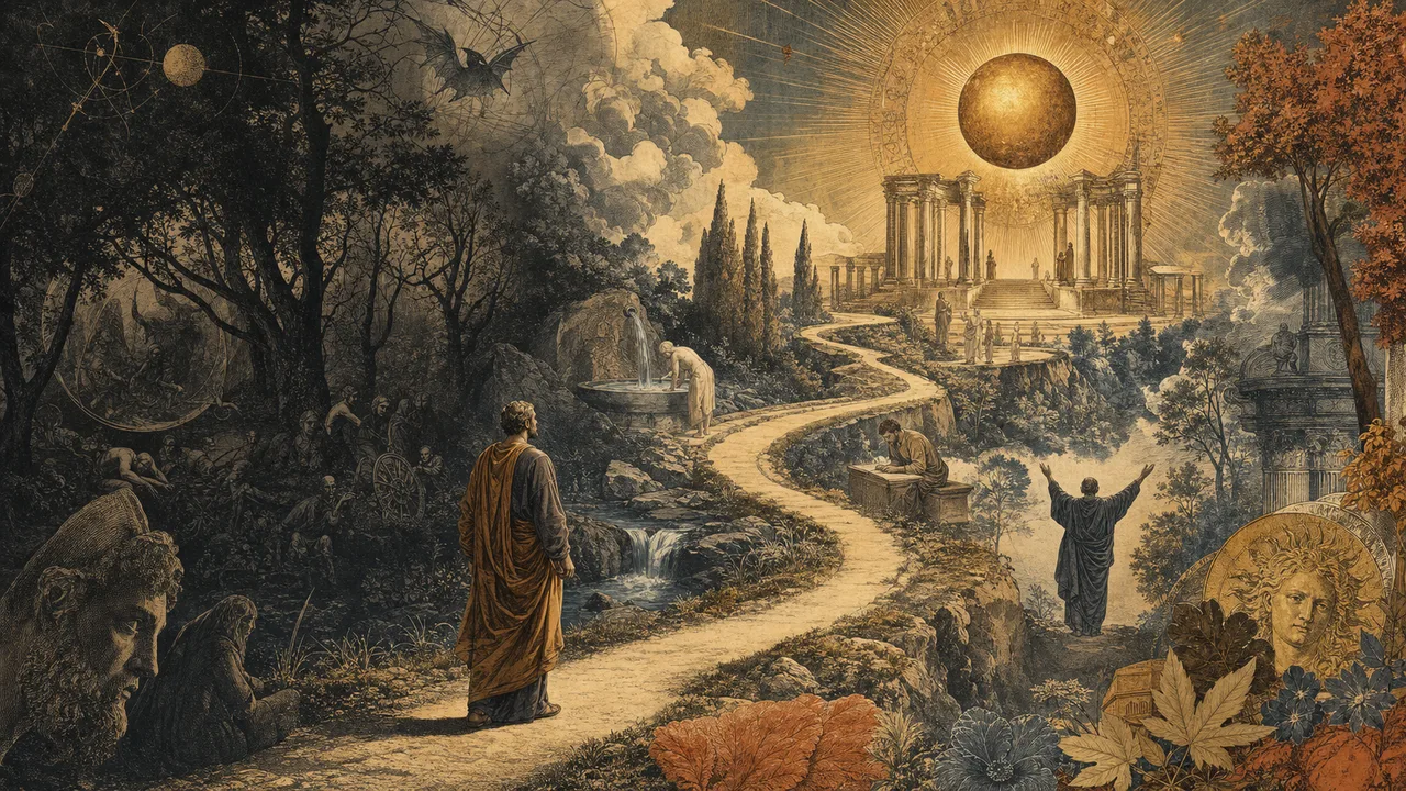 Discípulo recorriendo el camino espiritual hermético de la ignorancia a la luz del Nous