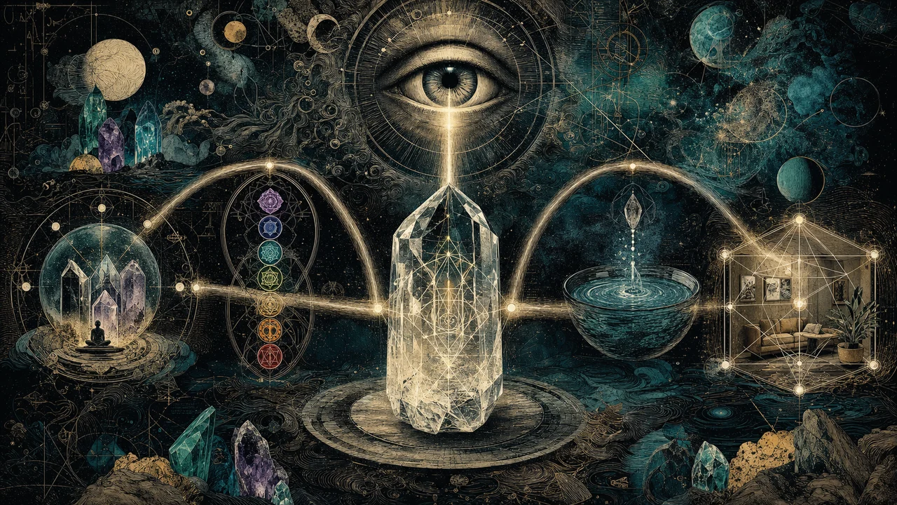 Cristal recibiendo un rayo de intención y distribuyendo energía a los chakras, el agua y el medio ambiente en una composición simbólica de terapia con cristales