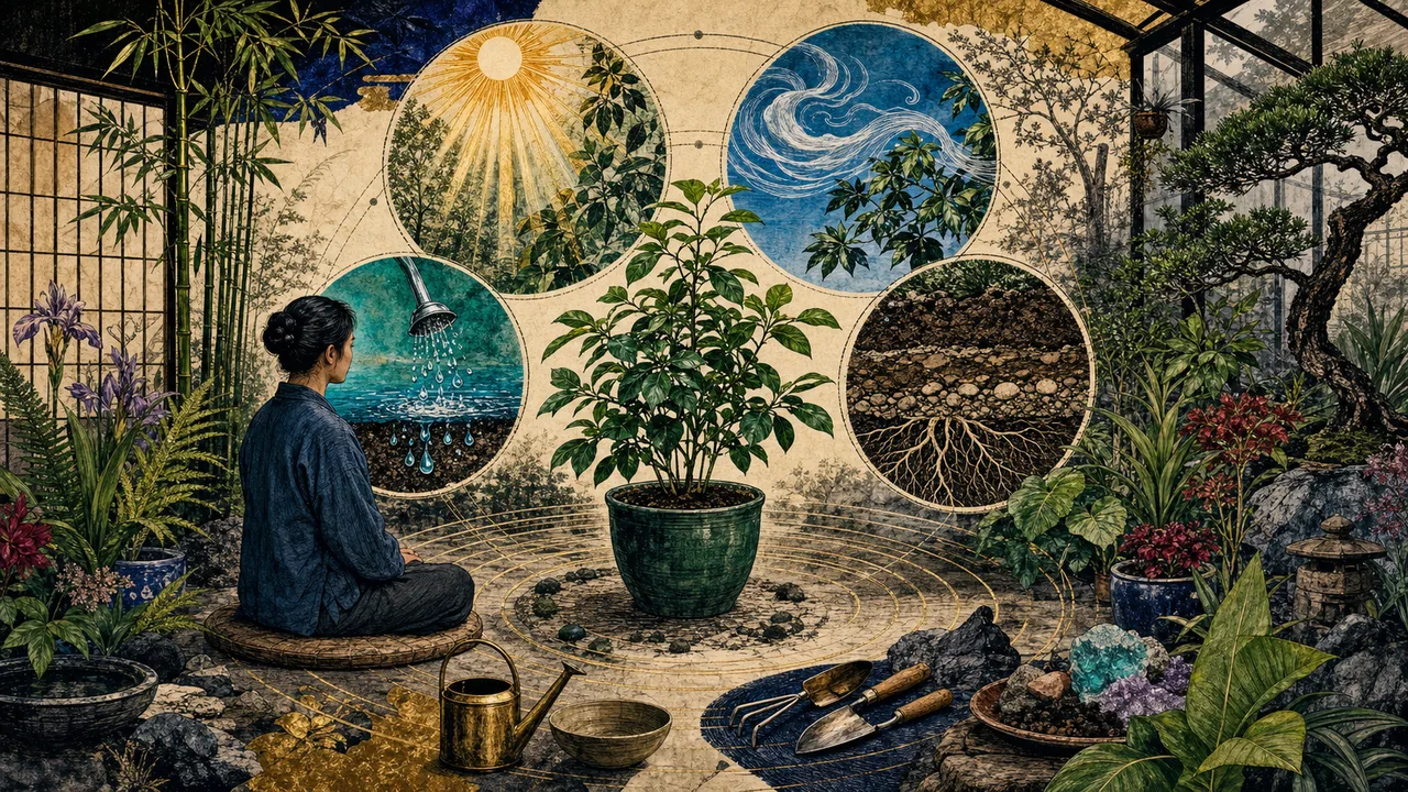 Aplicación de Reiki a una planta con las manos cerca de la planta, luz dorada en las hojas, raíces y tierra.
