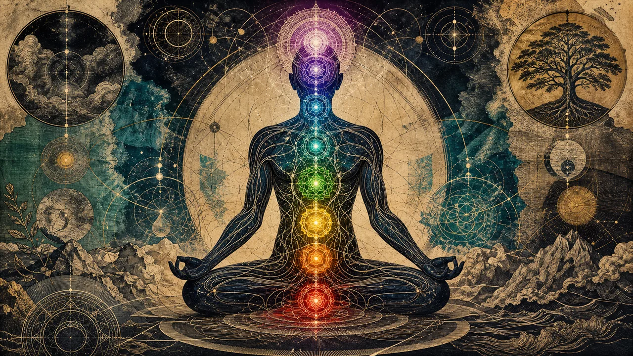 Representación de los siete chakras alineados a lo largo de la columna, cada uno con su color correspondiente
