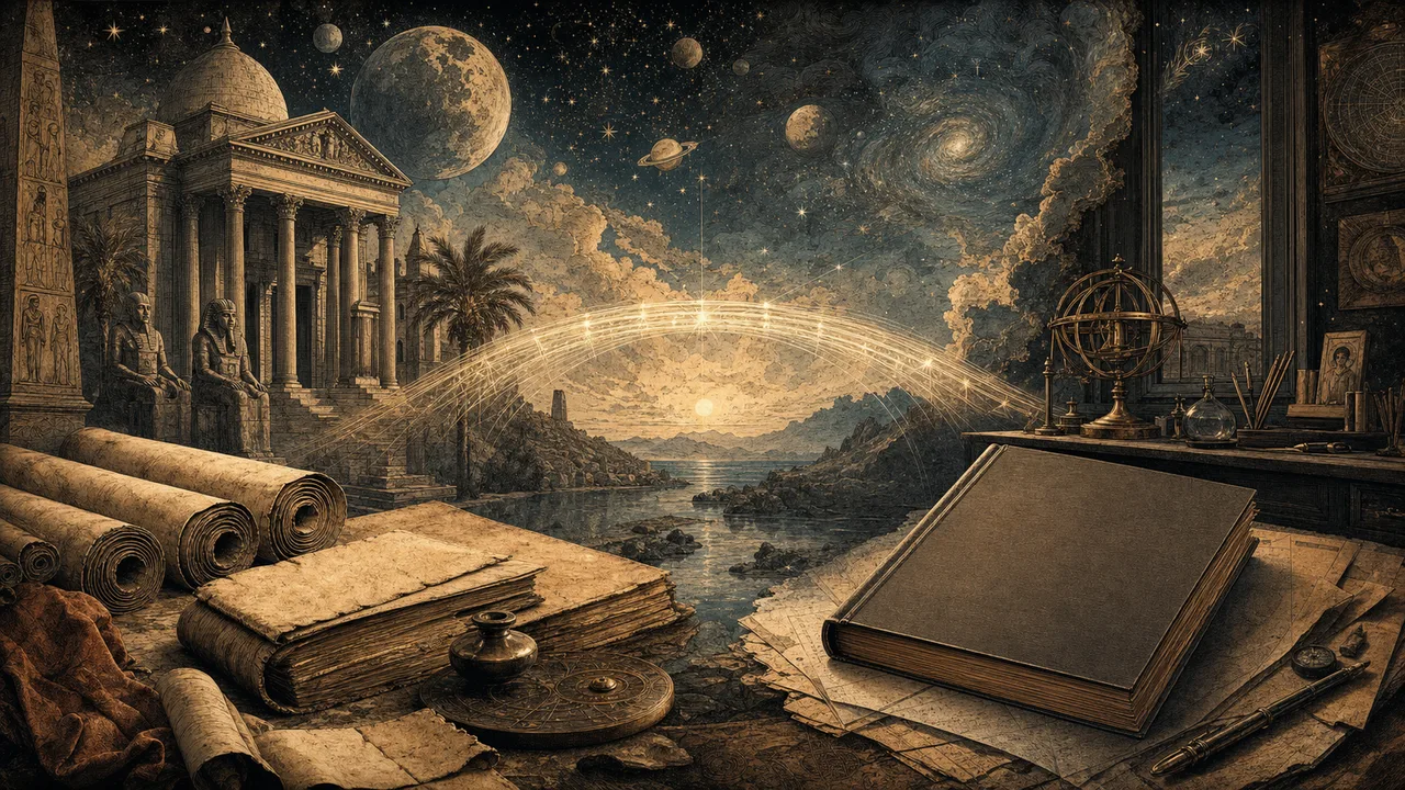 Papiros herméticos antiguos junto a un libro moderno que representa la comparación entre el hermetismo y Kybalion