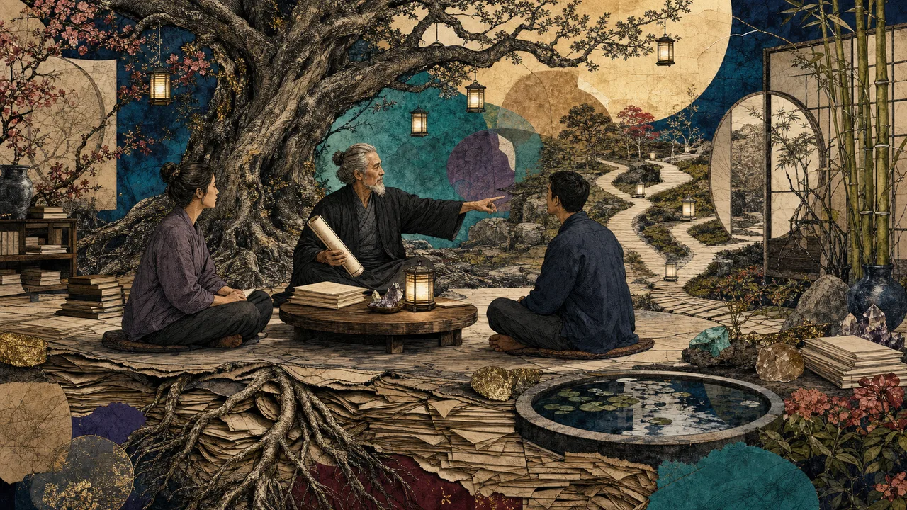 Maestro de Reiki guiando a los estudiantes en un ambiente tranquilo con una luz suave en las manos que representa la enseñanza y la responsabilidad