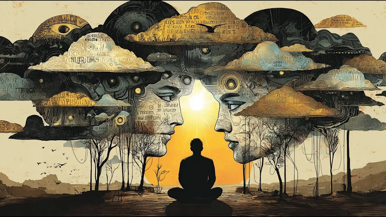 Persona meditando entre dos rostros rodeados de pensamientos.