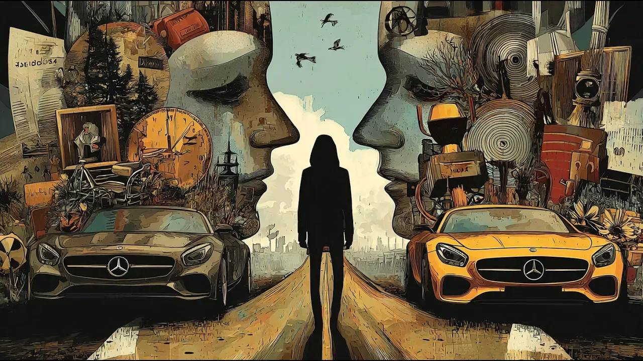 Persona entre dos caminos que representan los deseos del ego y la guía divina.