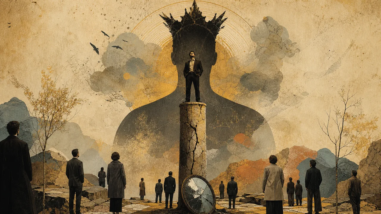 Persona adulta sobre un pedestal mientras su sombra crece sobre otras personas