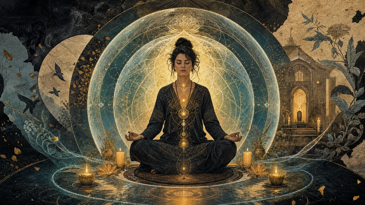 Persona meditando dentro de un campo luminoso de protección energética.
