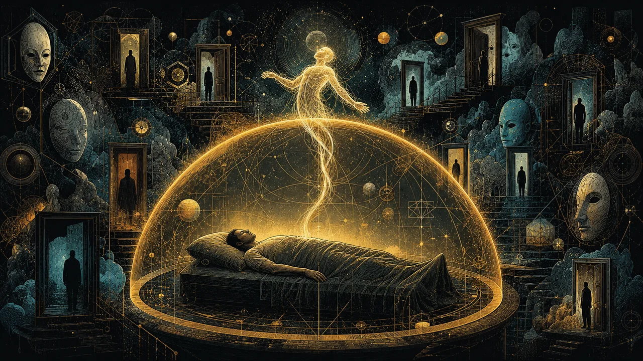 Cuerpo astral luminoso conectado al cuerpo físico mediante un cordón de luz durante una proyección astral segura
