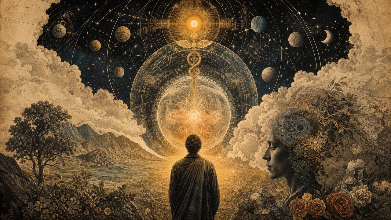 Figura humana frente a un cosmos simbólico que representa la unión entre Dios, universo y conciencia en el Hermetismo