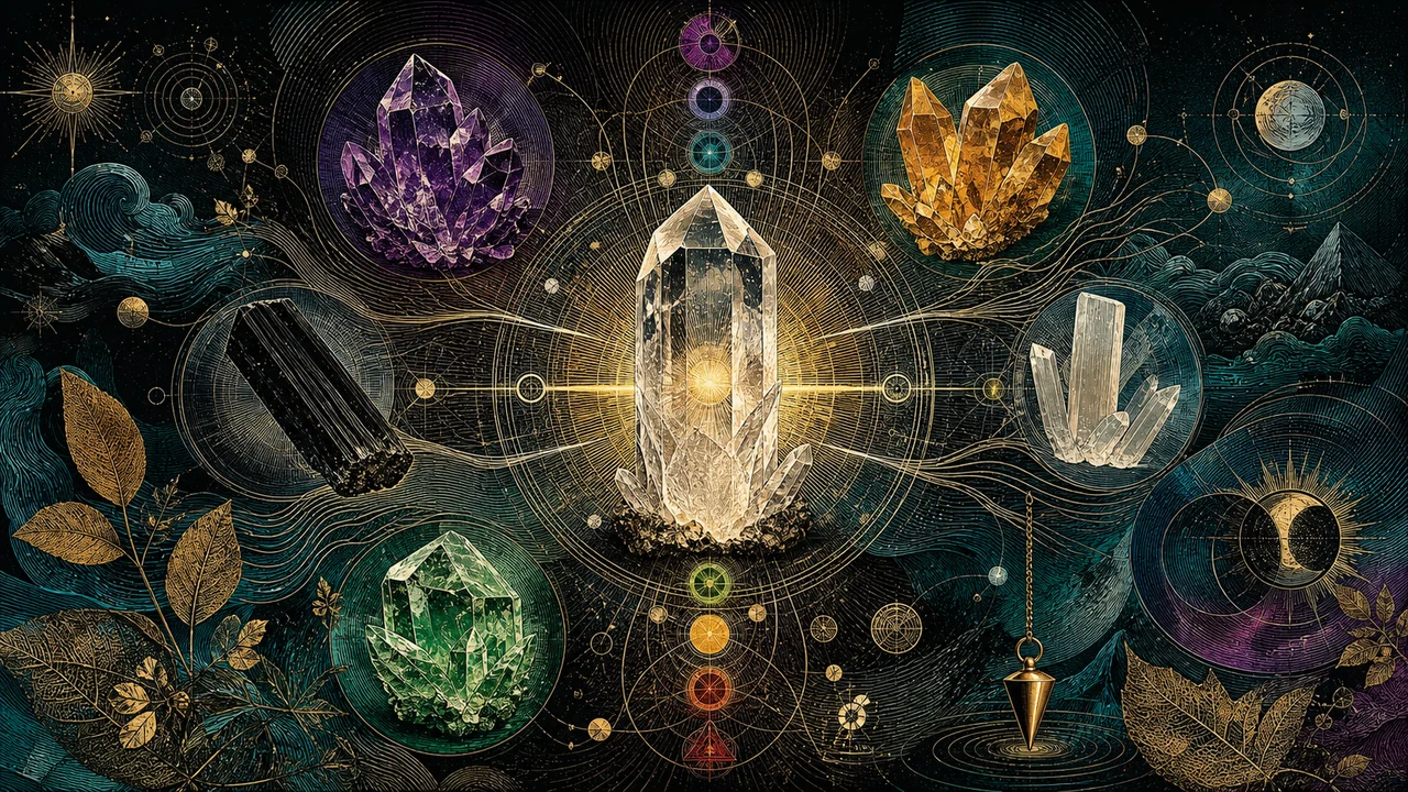 Cristal central que irradia energía a amatista, citrino, turmalina negra, selenita y chakras en una composición simbólica de terapia con cristales