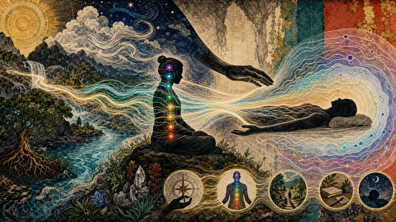 Aplicación de Reiki con energía luminosa fluyendo por las manos y un campo energético organizado alrededor de la persona tratada.