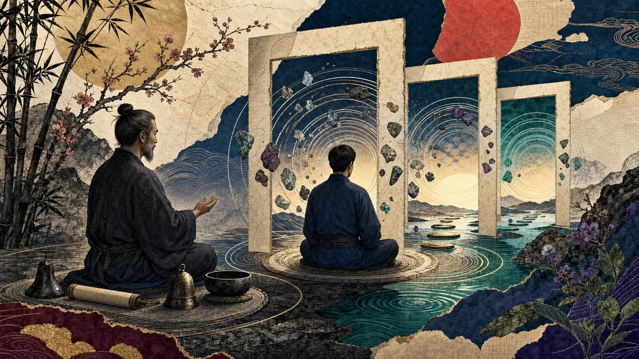 Maestro de Reiki realizando una sintonía energética con un estudiante sentado con una luz suave que rodea el campo