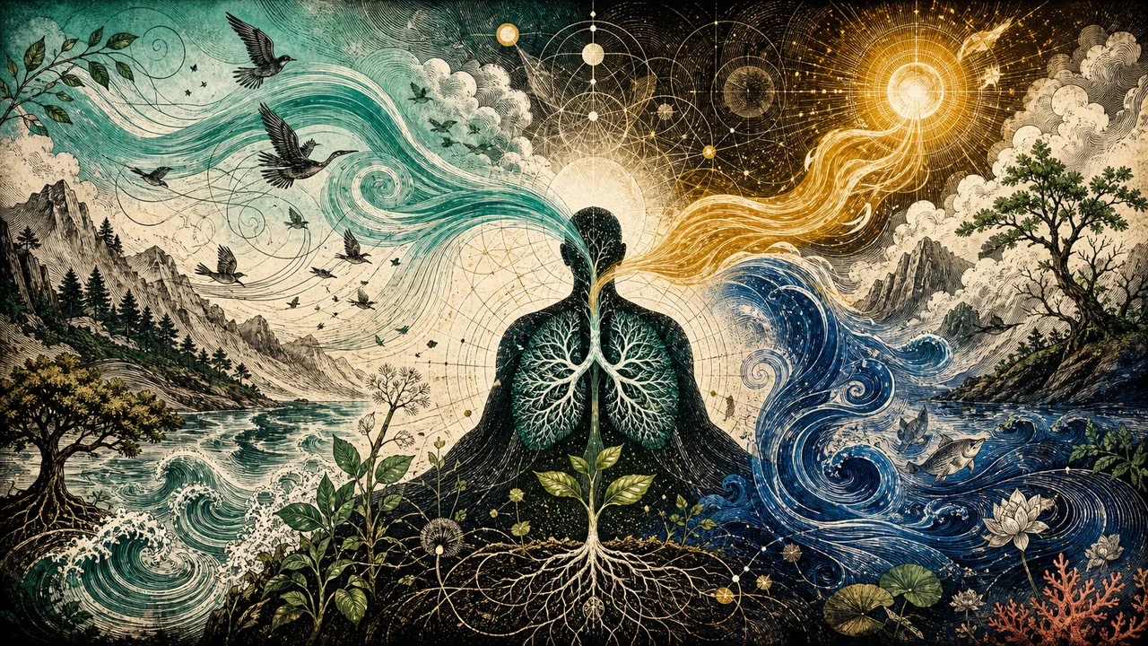 Persona meditando con flujos de energía vital circulando entre la naturaleza, la respiración y el cuerpo energético.