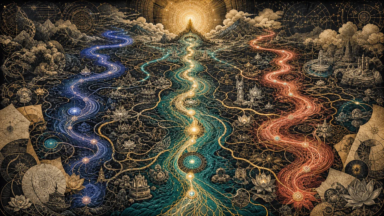 Persona meditando con canales luminosos de energía sutil cruzando el cuerpo y el campo energético.