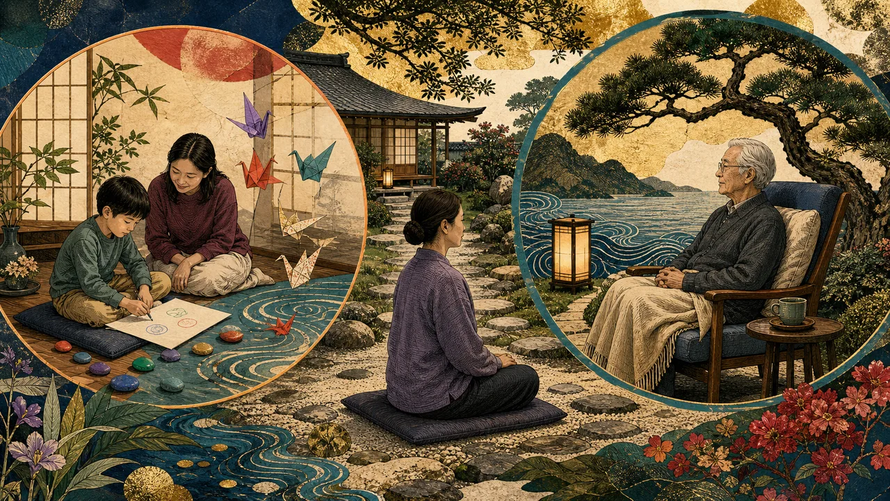Aplicación de Reiki a niños y personas mayores con luz suave en un ambiente acogedor y seguro