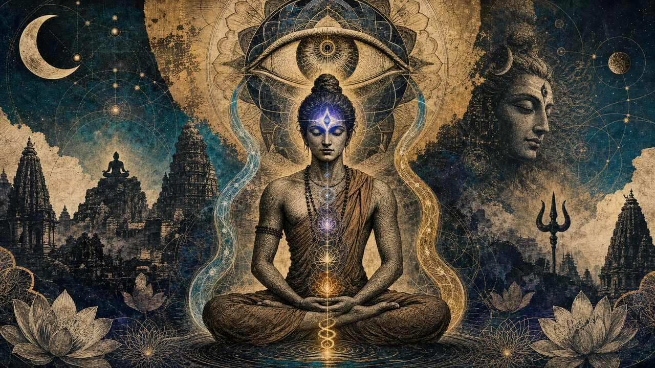 Persona meditando con energía equilibrada en el Ajna Chakra en un ambiente inspirado en la cultura hindú.