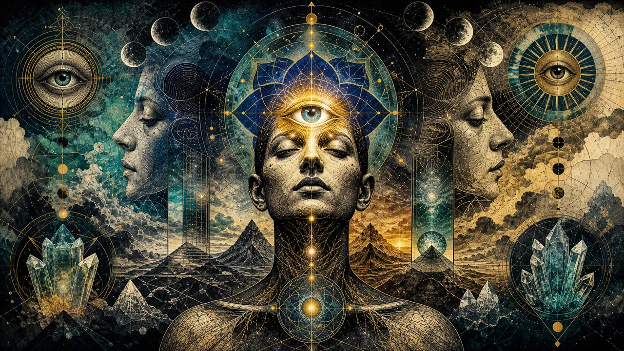 Silueta de una persona meditando con un tercer ojo luminoso en la frente, rodeada de pájaros y un paisaje simbólico